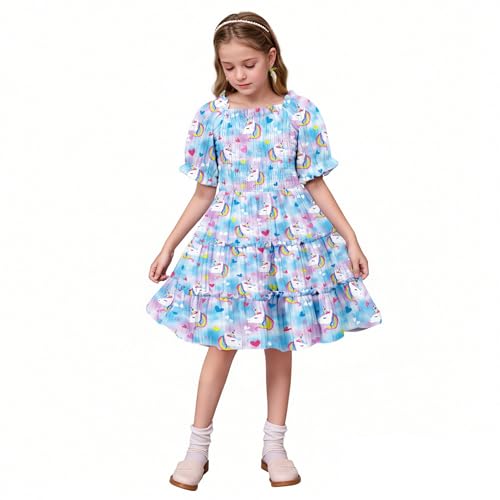 LQSZ Girls Summer Smocked Dress Short Sleeve Ruffle Dresses Casaul Printed A-line Sundress for Toddler 3-12 Years3