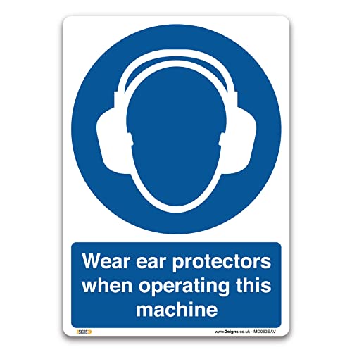 Image of Pack of 2 Wear Ear Protectors When Operating This Machine Sign, A5 210x148mm, Self-adhesive Vinyl Sticker, PPE Mandatory Health and Safety Signs