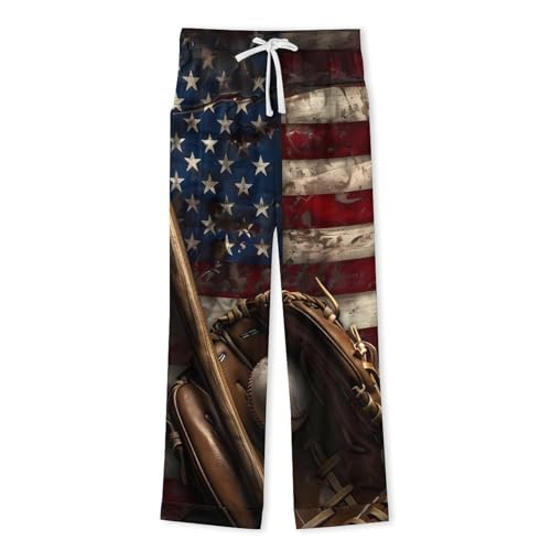 USA Flag Baseball Bat And Ball Print Men Pajamas Set Sleepwear Long Sleeve Pajama Tops And Pants Loungewear PJS4