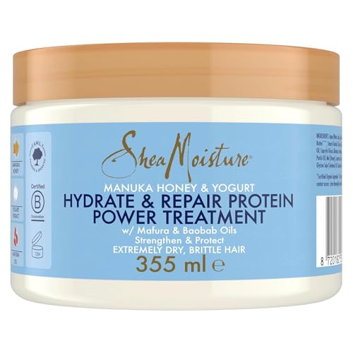 SheaMoisture Mascarilla Hydrate & Repair Protein Power, Pelo Rizado Seco y Dañado, Fortalece y Reduce la Rotura, Miel de Manuka, Yogur, Proteínas y Manteca de Karité, 355 ml