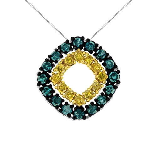 Haus of Brilliance .925 Sterling Silver 1/2 Cttw Treated Blue and Yellow Diamond Double Square 18" Pendant Necklace (Blue/Yellow Color, I2-I3 Clarity)