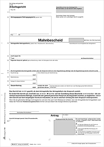 Demande d'injonction de payer RNKVERLAG 703 au tribunal du travail format DIN A4 lot de 25