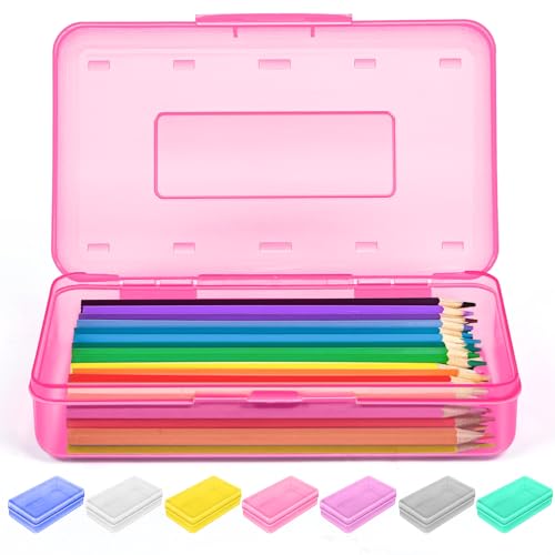 Image of Sooez 1 Pack Pencil Case, Clear Pencil Box with Stickers, Large Plastic Crayon Box with Snap-tight Lid, Stackable Storage Box Art Craft Marker Organizer Box for Kids Boys Back to School, Pink