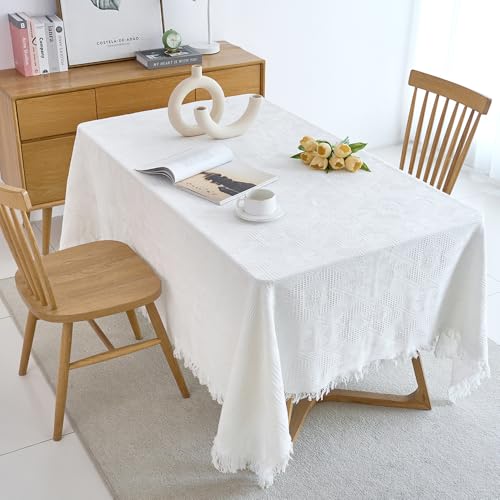 Lino de Algodón Mantel, Mantel de Rectangular Lavable Cubremesa con Flecos y Borla, Manteles de Mesa Blanco para Cocina Comedor Picnic Fiesta Navidad Sobremesa - 130 x 180 cm