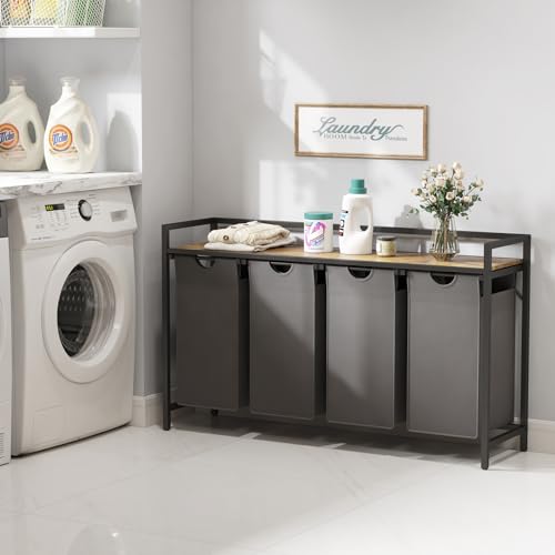 Lifewit Laundry Hamper 4 Section, 168L Pull out Laundry Clothes Basket Organizer with Large Top Shelf and 4 Removable Bags and Handles for Laundry Room Bedroom Bathroom, Gray with A Shelf