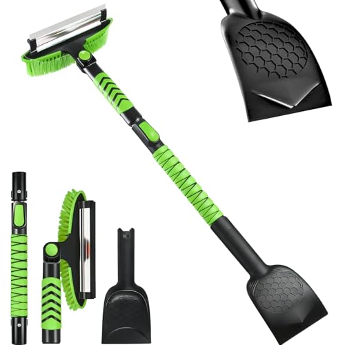 Snow Shovel & Ice Scrapers for Car Windshield, Snow Brush and Ice Scraper with Squeegee, Snow Removal Tool, Winter Car Accessories,Extendable Aluminum Handle, 180°Pivoting Brush Head, Green