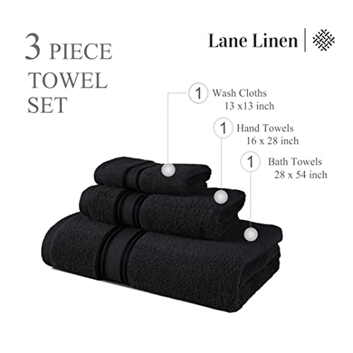 Lane Linen Luxury Bath Towels Set - 3 Piece Set, 100% Cotton Bathroom Towels, Zero Twist, Quick Dry Shower Towels, Absorbent Bath Towel, Super Soft, 1 Bath Towel, 1 Hand Towel, 1 Wash Cloths - Black #TOP2