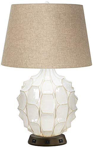 Possini Euro Design Cosgrove Mid Century Modern Table Lamp with USB and AC Power Outlet Workstation Charging Base 26.5" High Textured White Ceramic Light Brown Linen Drum Shade for Living Room