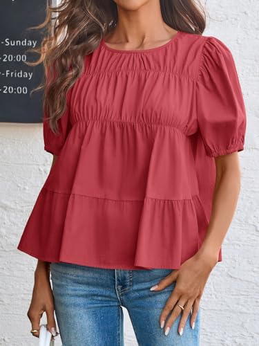 Image of Tankaneo Womens Puff Sleeve Peplum Babydoll Tops Summer Flowy Pleated Cotton T-Shirts Casual Loose Fit Cute Blouse
