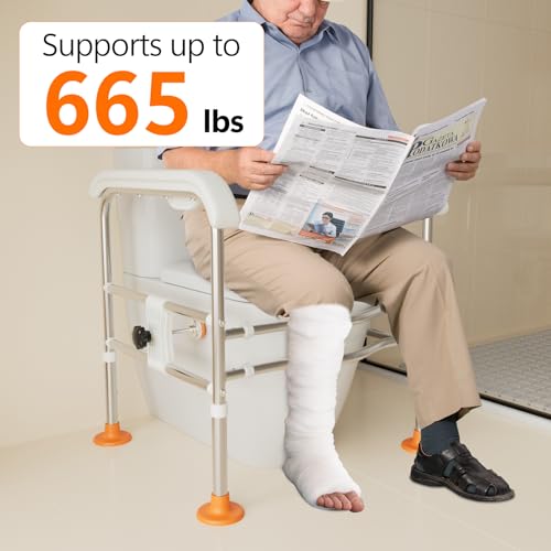 Heavy Duty Toilet Safety Rails for Seniors (665lbs), Adjustable LED Toilet Safety Frame with Handles for Elderly, Foldable Handicap Toilet Aid Support for Most Toilets, Stand Up Assist - Thumbnail 2