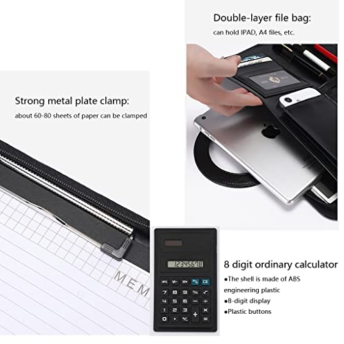 A4 Leather Portfolio Binder Padfolio Business Document Planner Leather Portfolio Folder Organizer With Zipper And Calculator For Women Men Gift Resume Portfolio (Color : Black, Size : 12 Digit Solar #TOP5