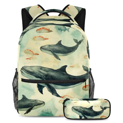 Sac à dos d'école grande capacité 2 pièces imprimé Whale E avec trousse pour adolescent