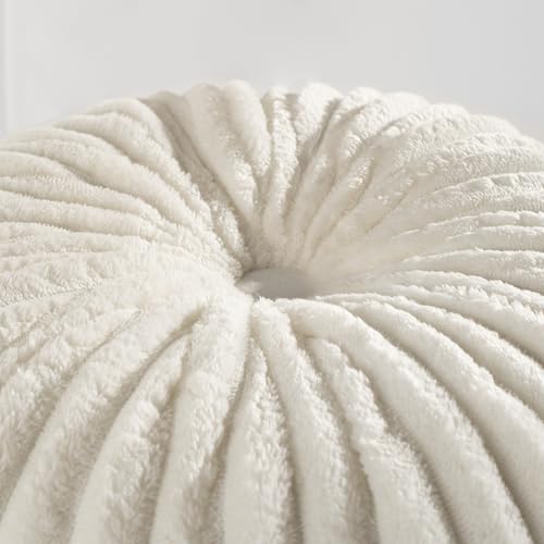 Image of HIG Decorative Round Throw Pillows for Bed Couch - Set of 2 Handcraft Ruched Pumpkin Pillow, Soft and Durable Flannel Floor Pillow for Home Decor, Bed Living Room and Sofa (Off White,14.5 inchx14.5 inch)