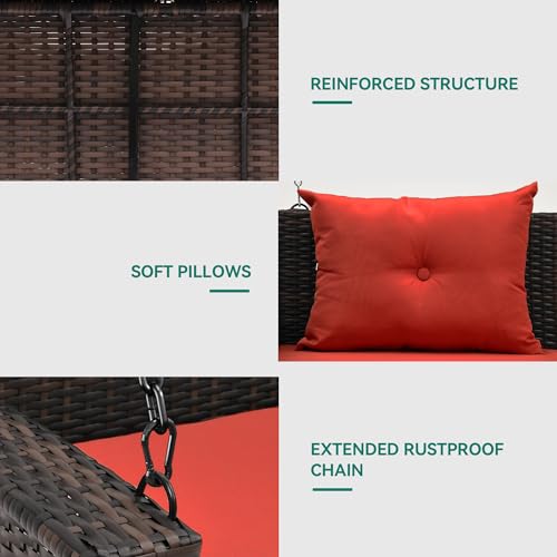 YITAHOME Wicker Hanging Porch Swing Chair Outdoor Brown Rattan Patio Swing Lounge w/ 2 Back Cushions Capacity 530lbs for Garden, Balcony, Living Room, Red image 6
