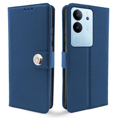 Image of Pikkme Vivo V29 / V29 Pro 5G Flip Cover Leather Finish | Inside TPU with Card Pockets | Wallet Stand and Shock Proof | Complete Protection Button Flip Case (Blue)