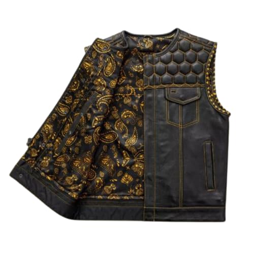 Men's Smart Biker Vest for Men Premium Cowhide Black Leather Motorcycle Vest with Unique Scoop Collar Design &Gold Liner