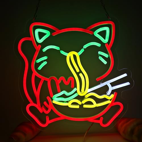 Image of Ramen Neon Sign Ramen Cat LED Light Wall Decor for Living Room, Dining Room, Ramen Shop - Unique Gift for Cat Lovers, Ramen Lovers 12.8 * 16.6 Inch