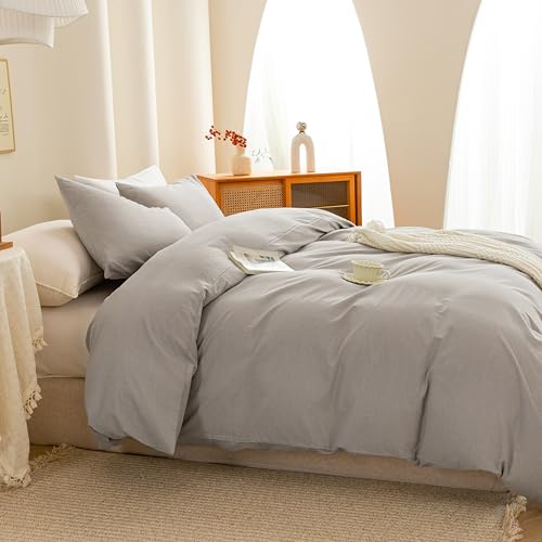 Image of ECOCOTT Light Grey Duvet Cover Queen Size - 100% Washed Cotton Linen Feel Super Soft Comfortable Lightweight 3 Pcs Home Bedding Set with Zipper Closure