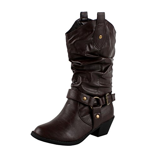 West Blvd Womens Beijing Cowboy Boots Cowgirl Western Roper Harness Slouch Shoes, Brown Pu, US 8.5