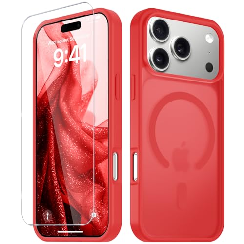 Image of YENAPOON for iPhone 17 Pro Max Case, Matte Magnetic Phone Cover [with 1 Screen Protector] [Support for MagSafe] [Shockproof Military Grade Protection] Translucent Frosted Back, Red