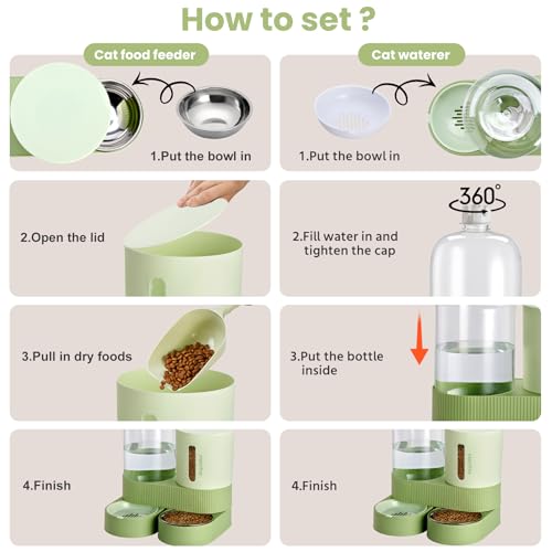 Automatic Cat Feeder Stainless Steel Water Dispenser Gravity Food Feeder and Waterer Set with Pet Food Bowl for Small Medium Kitten Puppy Pets Large Capacity(Green) - Image 6