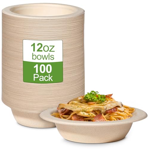GREENESAGE 100 Pack 12oz Disposable Bowls Paper Bowls Eco-Friendly, Sugarcane Strong Brown 350ML Bowls Biodegradable Soup Bowls for Parties BBQ Picnic