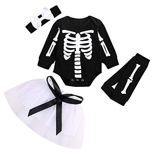 Baby Girls Halloween Clothes Toddler Skull Skeleton Long Sleeve Romper+Tutu Skirt+Bowknot Headband+Leg Warmer 4Pcs Outfits Set (Black, 0-6 Months)