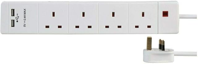 PRO ELEC 15387 4 Way 2 USB Extension Lead, White, 3m
