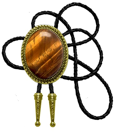 Image of Moranse Bolo Tie with Natural Tiger Eye Stone Celtic Style Genuine and Cowhide Rope