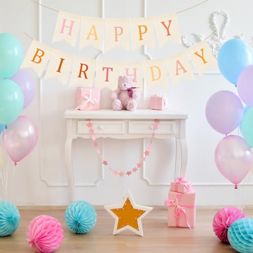 Image of Doumeny Happy Birthday Burlap Banner Boho Birthday Bunting Garland Pink Bohemian Sign Flag White Birthday Hanging Banner Pastel Rainbow Party Decor for Home Mantel Fireplace Nursery Party Backdrop