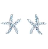 925 Sterling Silver Cubic Zirconia Paved Small Starfish Studs Nautical Themed Blue Ocean Beach Earri