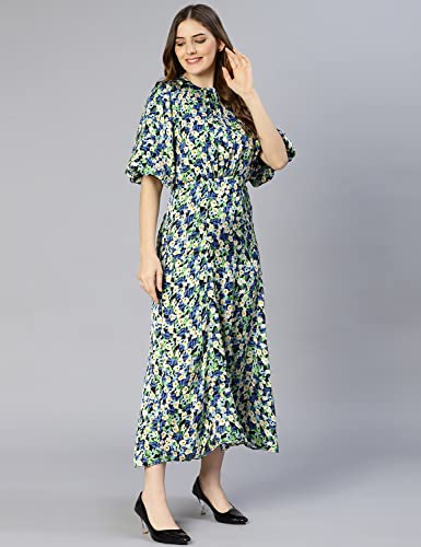 Image of oxolloxo Women Polyester Flared Puff Sleeves Floral Casual Dress