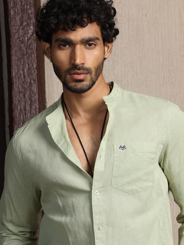 Image of Thomas Scott Men's | Solid | Full Sleeve | Slim Fit | Linen Blend | Mandarin Collar | Casual Shirt