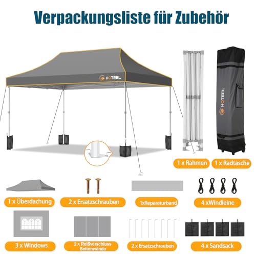Image of Hoteel Gazebo, 3 x 4.5 cm, Waterproof, Stable, Winterproof, Reinforced Folding Gazebo with Hexagonal Tube Frame, Anti-UV Party Tent, Foldable Garden Gazebo for Markets, Carry Bag with Wheels, 4 Sand