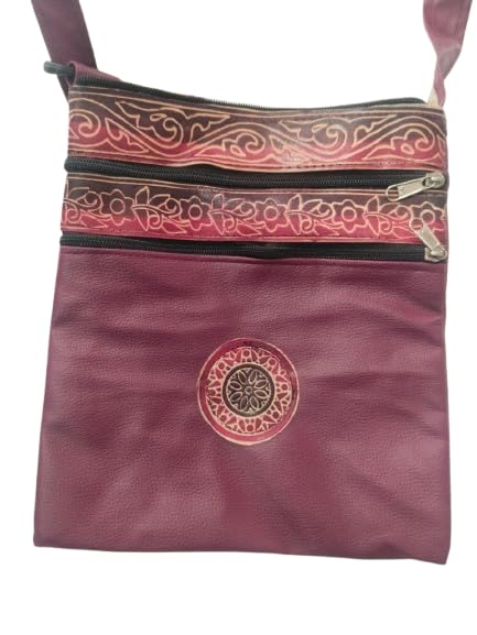 Image of Women Boho Style Burgundy Embroidered Crossbody Bag, Adjustable Strap Sling Purse with Zipper Pockets