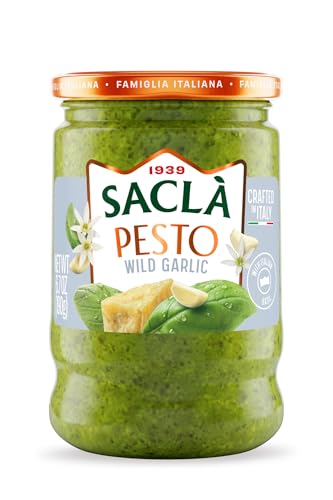 SACLA Wild Garlic Pesto Sauce | Basil & Wild Garlic Italian Pesto with Parmigiano Reggiano & Pecorino Romano Cheeses | 6.7 oz Glass Jar | Non-GMO Gourmet Sauce Imported from Italy