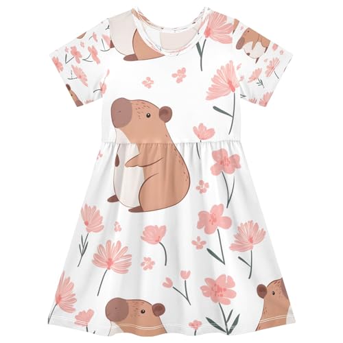 Bolaz Capibara Pattern Girls Dress Short Sleeve Dress Casual Dresses 2-8Y