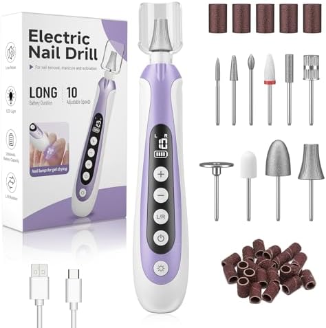 Nail Drill, Electric Nail File & 10-Speed Cordless Nail File, 10 in 1 Kit for Thick Toenails, 2000mAh Rechargeable Portable Manicure Pedicure Kit with LED Display Ideal Gift for Men & Women(Purple)