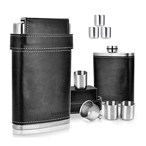 Image of GENNISSY 18 /8 Stainless Steel 8oz Flask - Americal Flag Black Leather with 3 Cups and Funnel 100% Leak Proof(Black Without US Flag)