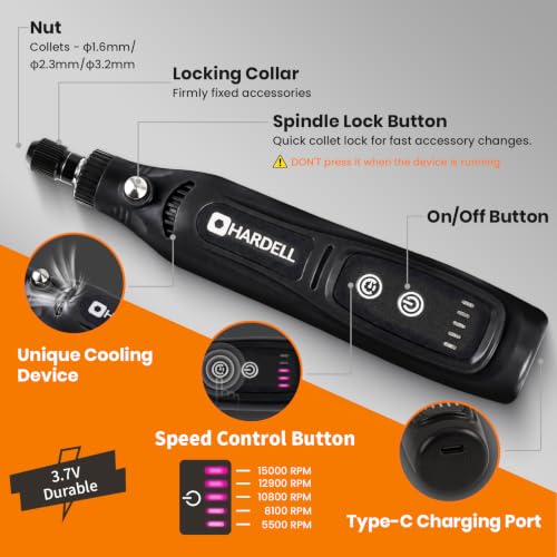 Image of HARDELL Mini Cordless Rotary Tool, 4V 5-Speed Portable Rotary Tool with 43 Accessories, Type-C Charging DIY Craft Tool for Sanding,Carving, Polishing, Jewelry,3D Priting