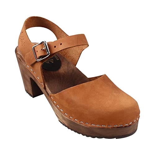 Lotta From Stockholm Swedish Highwood Clog Sandal for Women | Mary Jane Style Wooden Clogs Made in Sweden | Brown Alder Wood Base and Oiled Nubuck Leather | Brown Size US 9.5 EUR 41