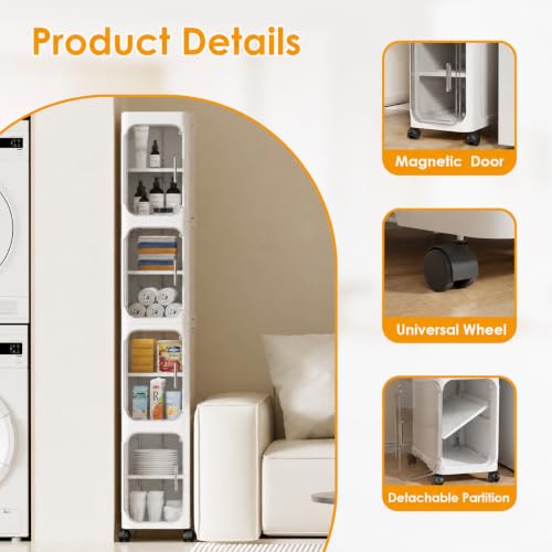 Image of KRISHYAM 4 Door Slim Plastic Storage Cabinet with Wheels, Narrow Multipurpose Organizer with Transparent Doors, Removable Shelves & Magnetic Closure for Bathroom, Kitchen, Laundry, White