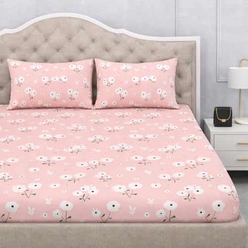 Image of 300 TC Cotton Feel Glace Cotton Elastic Fitted Bedsheet for King Size Double Bed | Fits up to 8 Inch Mattress | Printed Bedsheet with 2 Pillow Covers (Pink Flower, King Size - 72 inchx78 inch)