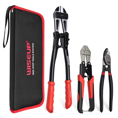 WISEUP Juego de 3 alicates cortadores de pernos, 14 pulgadas de alta resistencia y mini cortador de pernos de 8 pulgadas, cortador de cuerda de alambre de 8 pulgadas con bolsa de transporte