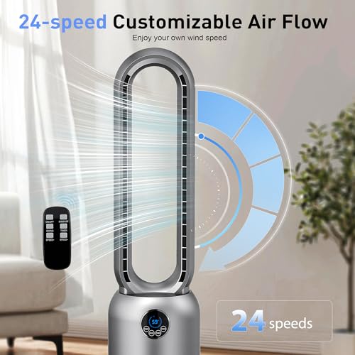 Image of 36 inch Bladeless Tower Fan for Bedroom, Powerful 26ft /s Airflow, 24 Speeds, 90 Oscillation, 12H Timer, Standing Fans with Remote, Quiet Bladeless Cooling Fan for Home Office Room, Dark Grey