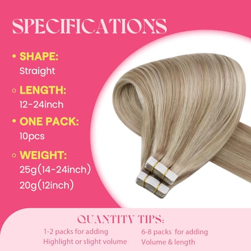 Image of Ve Sunny Hair Tape in Hair Extensions Human Hair Highlights | Tape ins,Subtle Fullness Around the Crown,Ash Blonde Highlight Bleach Blonde,Adhesive Skin Weft,for Wedding,14Inch 25g 10Pcs