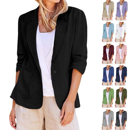 Linen Blazer Women Trendy Button Open Front Blazers Solid Color Suit Jackets Work Blazer with Pockets