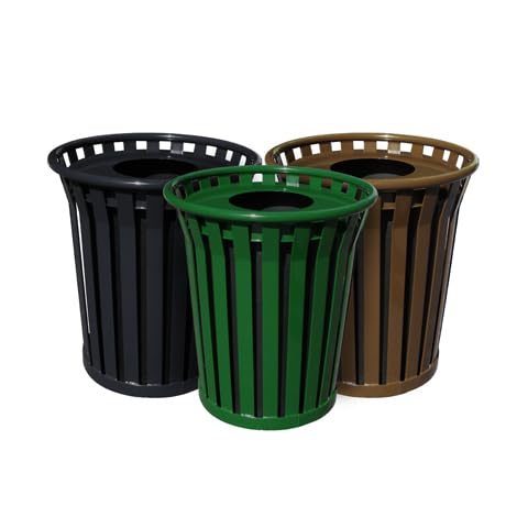 Sturdy Essentials Heavy-Duty 36 Gallon Metal Slatted Weather Resistant Outdoor Trash Receptacle for Parks, Schools, Apartments, City Streets - Brown - Flat Top