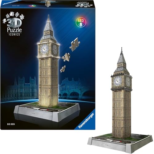Ravensburger - Puzzle 3D para adultos Iconics: Big Ben LED | Quebra-cabeças 3D para adultos | Maquetas para montar de 216 peças | Presente adulto | Presente de Natal