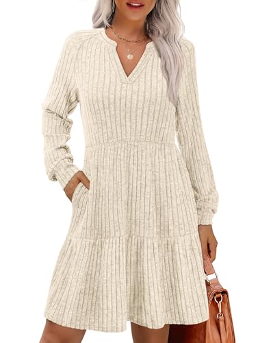 IWD Womens Fall Dresses 2025 Trendy Winter Long Sleeve Tunic Sweater Dress with Pockets Knit V Neck Short A Line Lightweight Ladies Dress Apricot Medium